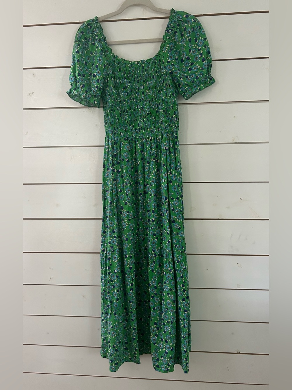 Zesica Green Floral Smocked Puff-Sleeve Maxi Rayon Dress Women’s Small